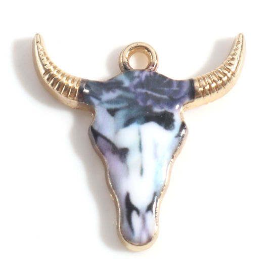 Picture of Zinc Based Alloy Boho Chic Bohemia Charms Gold Plated Multicolor Bull Head/ Cow Head Enamel 22mm x 21mm, 10 PCs