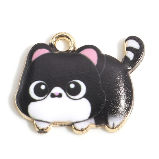 Picture of Zinc Based Alloy Charms Gold Plated Black Cat Animal Enamel 22mm x 18mm, 10 PCs