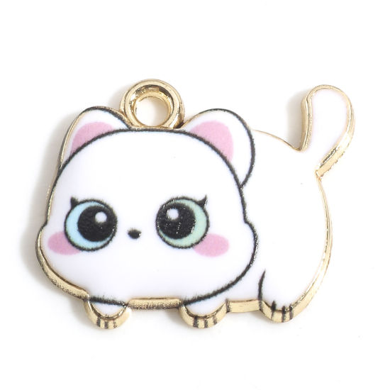 Picture of Zinc Based Alloy Charms Gold Plated White Cat Animal Enamel 22mm x 18mm, 10 PCs