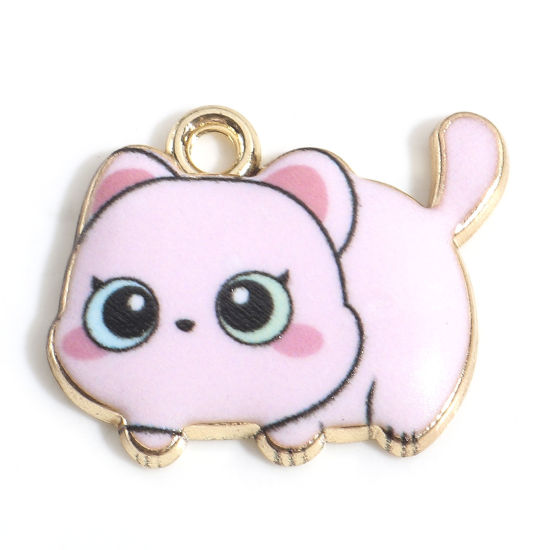Picture of Zinc Based Alloy Charms Gold Plated Pink Cat Animal Enamel 22mm x 18mm, 10 PCs