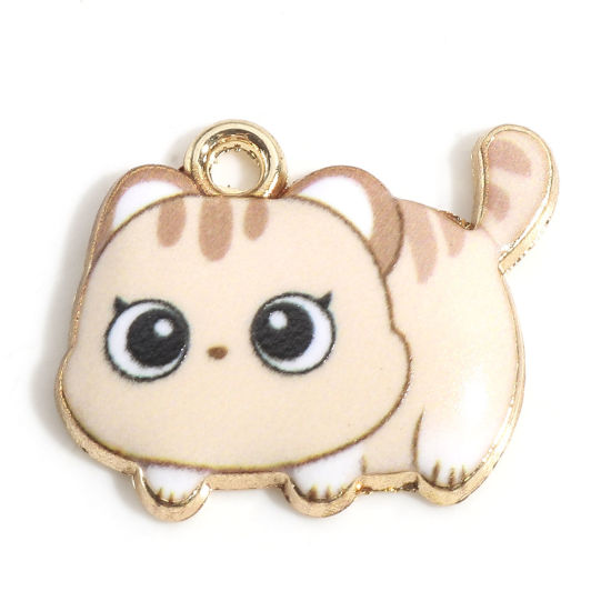 Picture of Zinc Based Alloy Charms Gold Plated Beige Cat Animal Enamel 22mm x 18mm, 10 PCs