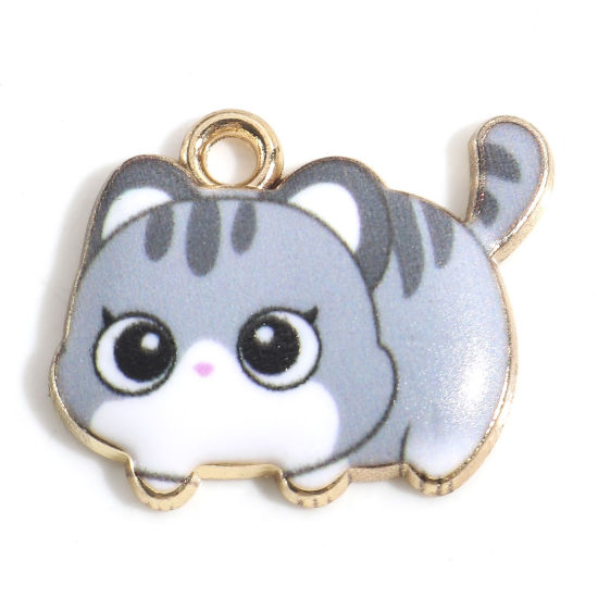 Picture of Zinc Based Alloy Charms Gold Plated Gray Cat Animal Enamel 22mm x 18mm, 10 PCs