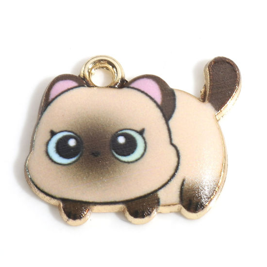 Picture of Zinc Based Alloy Charms Gold Plated Light Brown Cat Animal Enamel 22mm x 18mm, 10 PCs