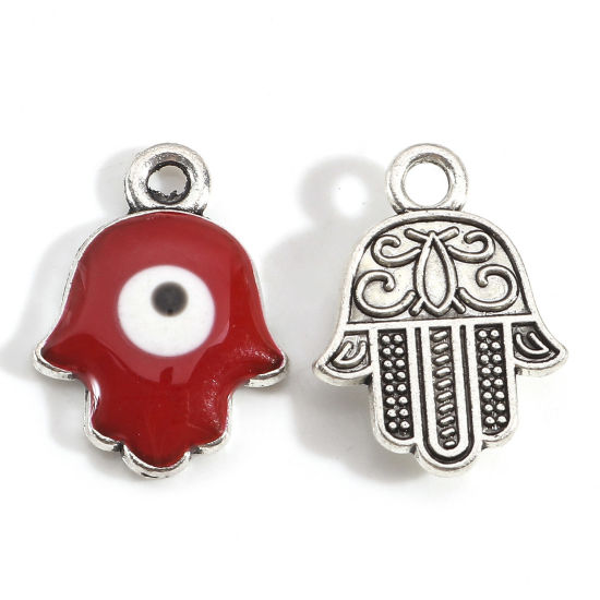Bild von Zinklegierung Religiös Charms Antiksilber Rot Hamsa Symbol Hand Böser Blick Evil Eye Emaille 17mm x 13mm, 20 Stück