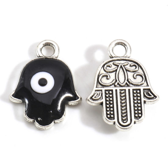 Picture of Zinc Based Alloy Religious Charms Antique Silver Color Black Hamsa Symbol Hand Evil Eye Enamel 17mm x 13mm, 20 PCs