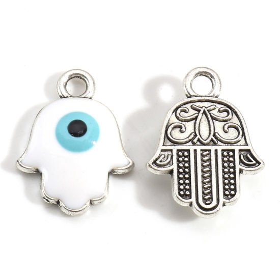 Picture of Zinc Based Alloy Religious Charms Antique Silver Color White Hamsa Symbol Hand Evil Eye Enamel 17mm x 13mm, 20 PCs