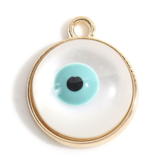 Immagine di Lega di Zinco Religione Charms Oro Placcato Verde Blu Tondo Malocchio Con Resina Cabochons 19mm x 16mm, 10 Pz