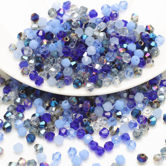 Picture of Glass Beads For DIY Charm Jewelry Making Bicone Blue Mixed Faceted About 4mm x 4mm, Hole: Approx 0.8mm, 1 Packet (Approx 200 PCs/Packet)