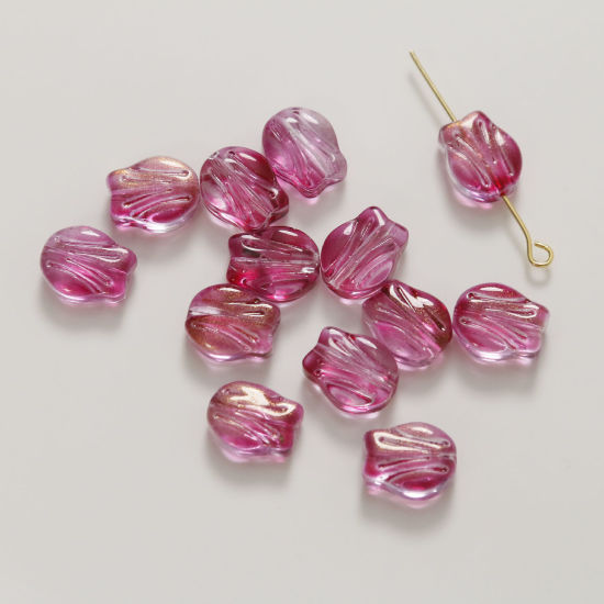 Picture of Glass Beads For DIY Charm Jewelry Making Rose Flower Fuchsia About 10mm x 8mm, Hole: Approx 0.8mm, 50 PCs