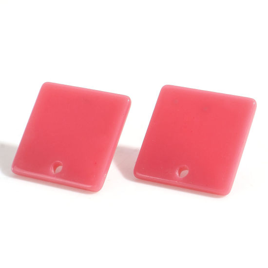 Picture of Acrylic Geometry Series Ear Post Stud Earrings Findings Square Fuchsia With Loop 16mm x 16mm, Post/ Wire Size: (21 gauge), 10 PCs