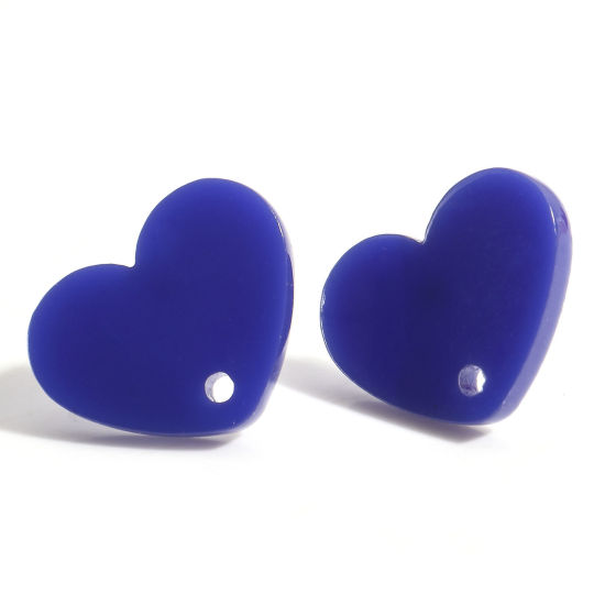 Picture of Acrylic Valentine's Day Ear Post Stud Earrings Findings Heart Dark Blue With Loop 17mm x 13mm, Post/ Wire Size: (21 gauge), 10 PCs