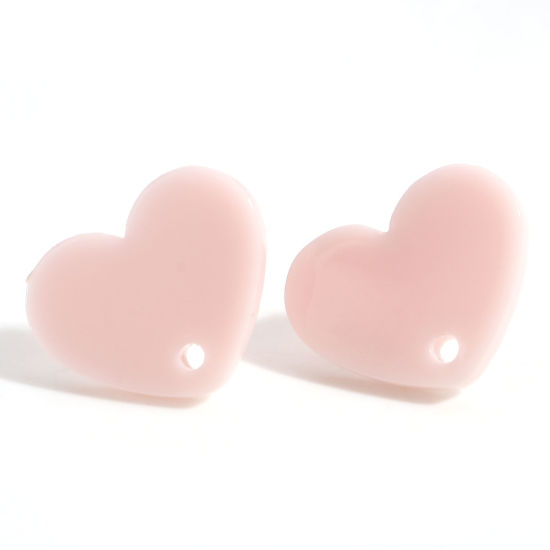 Picture of Acrylic Valentine's Day Ear Post Stud Earrings Findings Heart Pink With Loop 17mm x 13mm, Post/ Wire Size: (21 gauge), 10 PCs