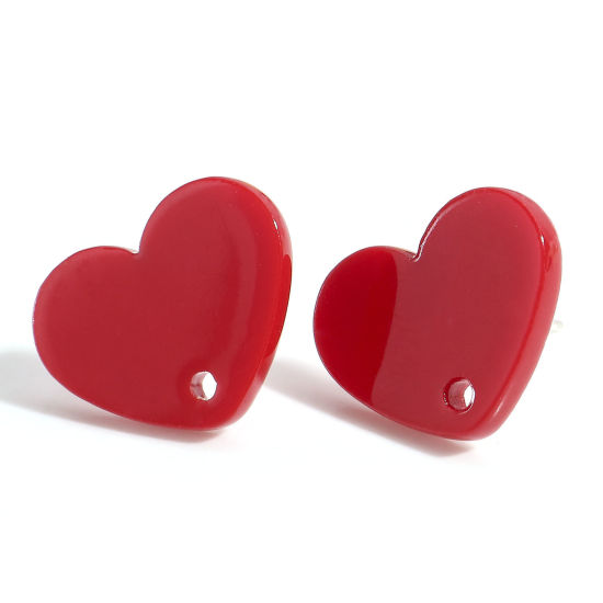 Picture of Acrylic Valentine's Day Ear Post Stud Earrings Findings Heart Red With Loop 17mm x 13mm, Post/ Wire Size: (21 gauge), 10 PCs