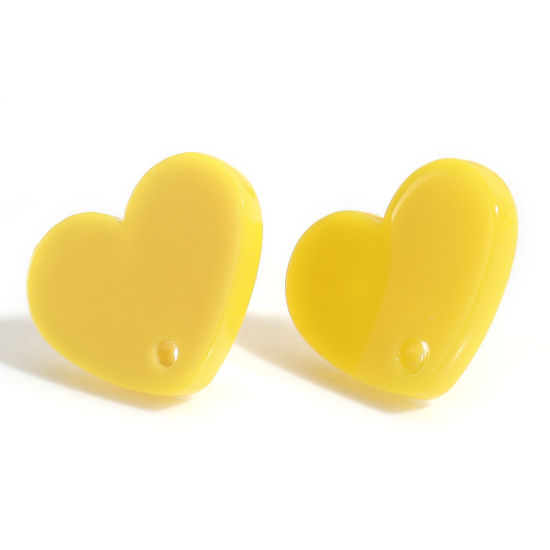 Picture of Acrylic Valentine's Day Ear Post Stud Earrings Findings Heart Yellow With Loop 17mm x 13mm, Post/ Wire Size: (21 gauge), 10 PCs