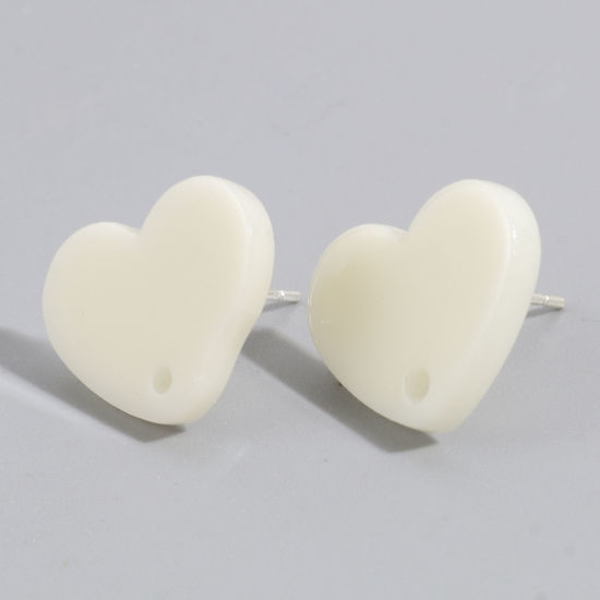 Picture of Acrylic Valentine's Day Ear Post Stud Earrings Findings Heart Creamy-White With Loop 17mm x 13mm, Post/ Wire Size: (21 gauge), 10 PCs
