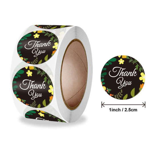 Imagen de Papel de Arte DIY Pegatinas Negro Ronda Flor Hoja Mensaje " Muchas Gracias " 2.5cm Dia, 1 Rollo ( 500 Unidades/Juego)