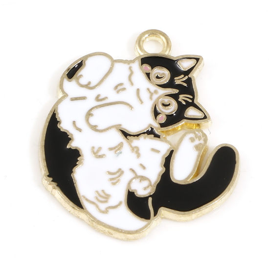 Immagine di Lega di Zinco Charms Oro Placcato Nero & Bianco Gatto Smalto 28mm x 23mm, 10 Pz