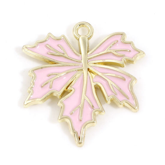 Immagine di Lega di Zinco Charms Oro Placcato Rosa Foglia d'Acero Smalto 25mm x 23mm, 10 Pz