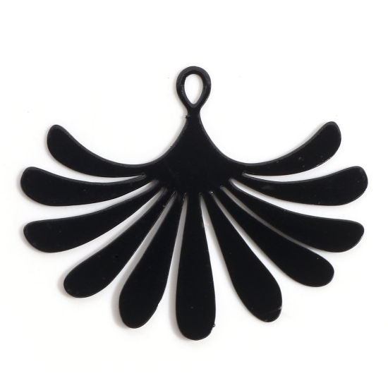 Picture of Iron Based Alloy Filigree Stamping Pendants Black Fan-shaped Flower Leaves 3.5cm x 2.9cm, 10 PCs
