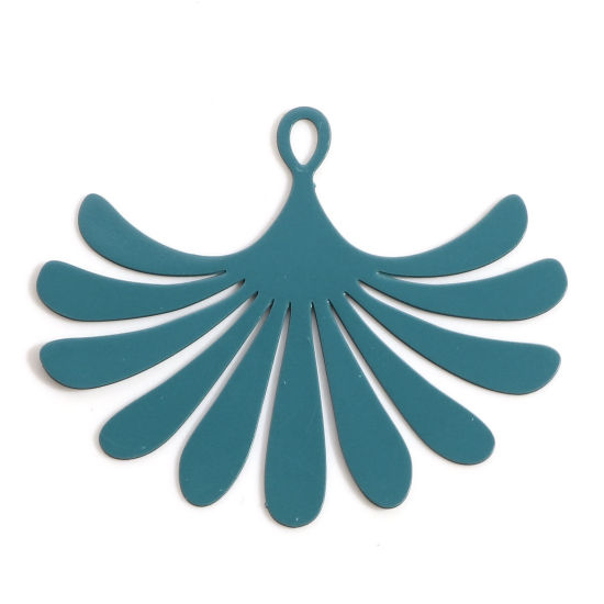 Picture of Iron Based Alloy Filigree Stamping Pendants Peacock Green Fan-shaped Flower Leaves 3.5cm x 2.9cm, 10 PCs