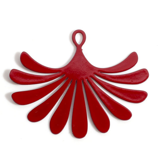 Picture of Iron Based Alloy Filigree Stamping Pendants Red Fan-shaped Flower Leaves 3.5cm x 2.9cm, 10 PCs