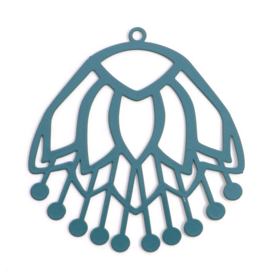 Bild von Eisenlegierung Filigran Stempel Verzierung Anhänger Pfau Grün Blumen Hohl 4cm x 3.6cm, 10 Stück