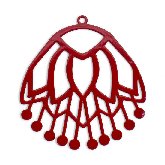 Bild von Eisenlegierung Filigran Stempel Verzierung Anhänger Rot Blumen Hohl 4cm x 3.6cm, 10 Stück