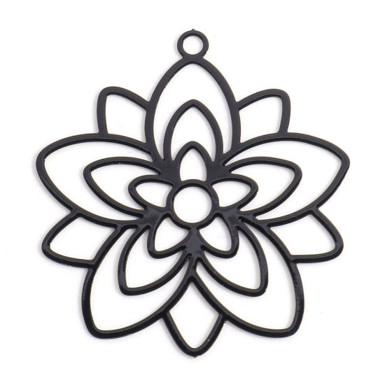 Picture of Iron Based Alloy Filigree Stamping Pendants Black Flower Hollow 3.3cm x 3cm, 10 PCs