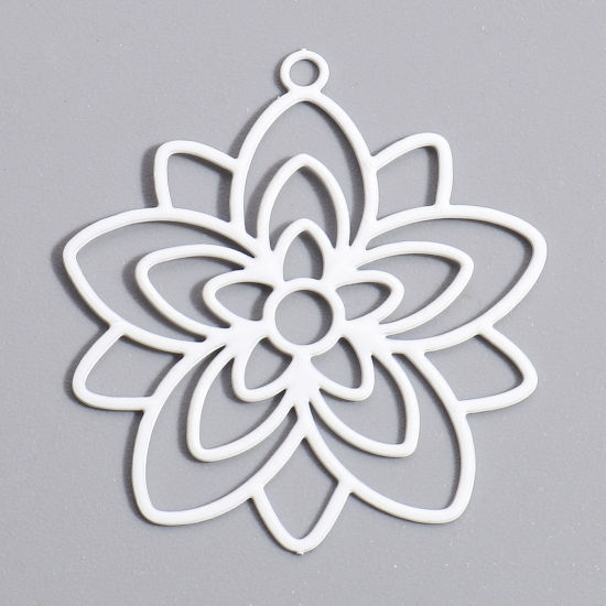 Picture of Iron Based Alloy Filigree Stamping Pendants White Flower Hollow 3.3cm x 3cm, 10 PCs