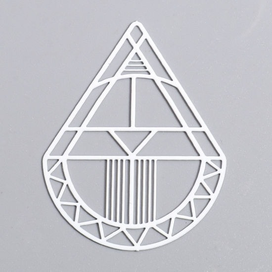 Bild von Eisenlegierung Filigran Stempel Verzierung Anhänger Weiß Tropfen Filigran 4.4cm x 3.4cm, 10 Stück
