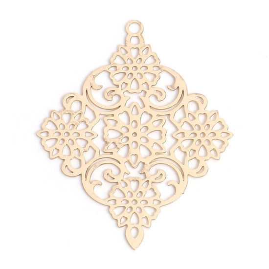 Bild von Eisenlegierung Filigran Stempel Verzierung Anhänger KC Vergoldet Raute Filigran 3.8cm x 3cm, 10 Stück