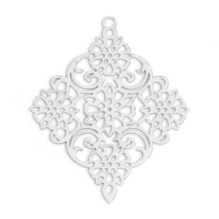 Immagine di Lega di Ferro Filigree Stamping Ciondoli Tono Argento Rombo Filigrana 3.8cm x 3cm, 10 Pz
