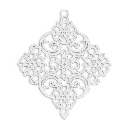 Bild von Eisenlegierung Filigran Stempel Verzierung Anhänger Silberfarbe Raute Filigran 3.8cm x 3cm, 10 Stück