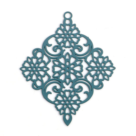 Bild von Eisenlegierung Filigran Stempel Verzierung Anhänger Pfau Grün Raute Filigran 3.8cm x 3cm, 10 Stück