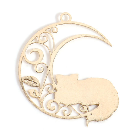 Picture of Iron Based Alloy Filigree Stamping Charms KC Gold Plated Half Moon Cat Hollow 26mm x 22mm, 10 PCs
