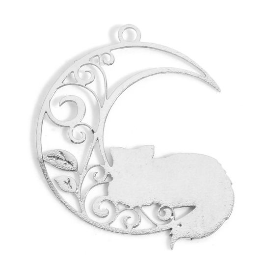 Picture of Iron Based Alloy Filigree Stamping Charms Silver Tone Half Moon Cat Hollow 26mm x 22mm, 10 PCs