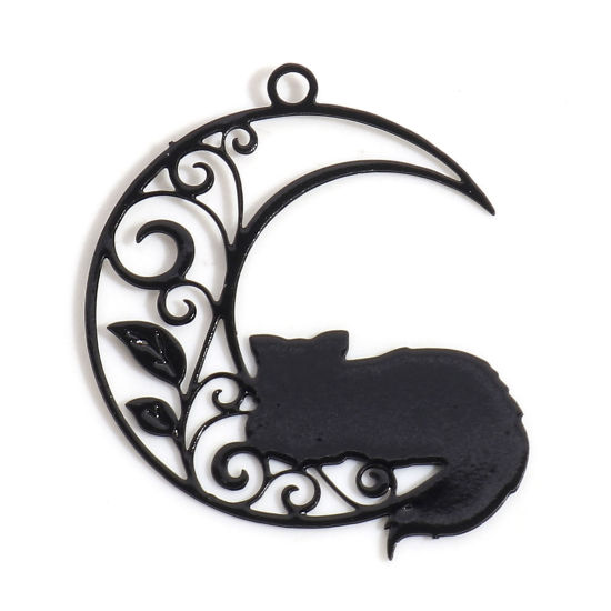 Picture of Iron Based Alloy Filigree Stamping Charms Black Half Moon Cat Hollow 26mm x 22mm, 10 PCs