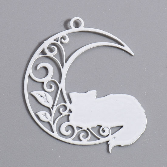 Picture of Iron Based Alloy Filigree Stamping Charms White Half Moon Cat Hollow 26mm x 22mm, 10 PCs