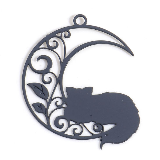 Picture of Iron Based Alloy Filigree Stamping Charms Gray Half Moon Cat Hollow 26mm x 22mm, 10 PCs