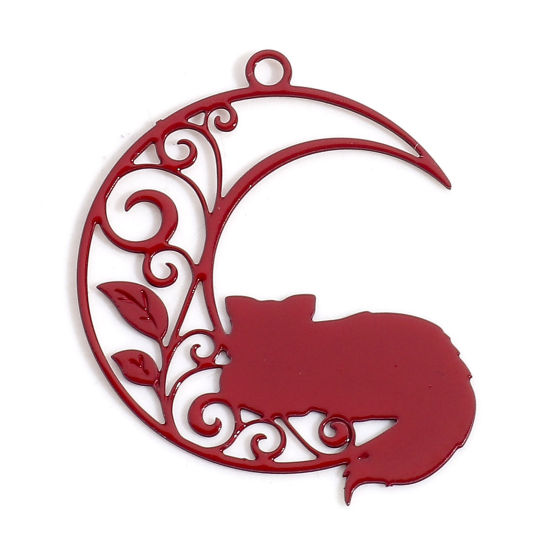 Bild von Eisenlegierung Filigran Stempel Verzierung Charms Rot Halbmond Katze Hohl 26mm x 22mm, 10 Stück