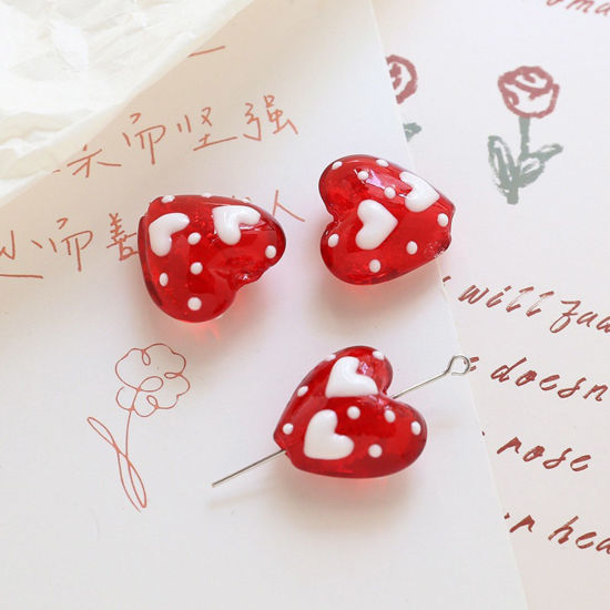 Bild von Muranoglas Valentinstag Perlen für die Herstellung von DIY-Charme-Schmuck Herz Rot Punkt Handgefertigt ca 20mm x 19mm, Loch:ca. 1.8mm, 2 Stück