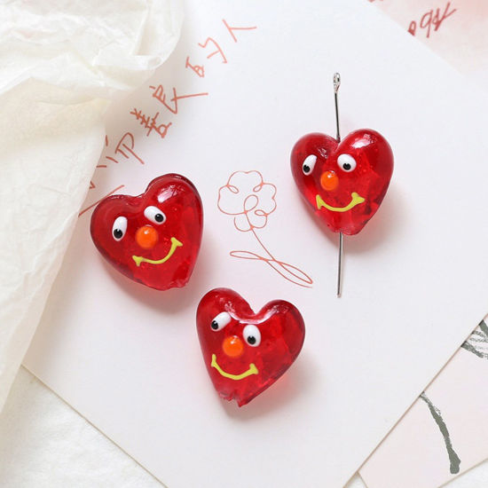 Bild von Muranoglas Valentinstag Perlen für die Herstellung von DIY-Charme-Schmuck Herz Rot Lächeln Handgefertigt ca 20mm x 19mm, Loch:ca. 1.8mm, 2 Stück