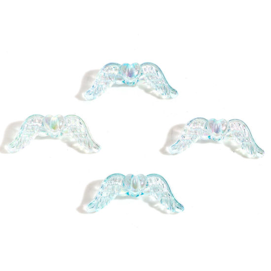 Picture of Acrylic Guardian Angel Wing Beads For DIY Jewelry Making Blue AB Rainbow Color Wing Transparent About 3.4cm x 1.4cm, Hole: Approx 2.4mm, 10 PCs