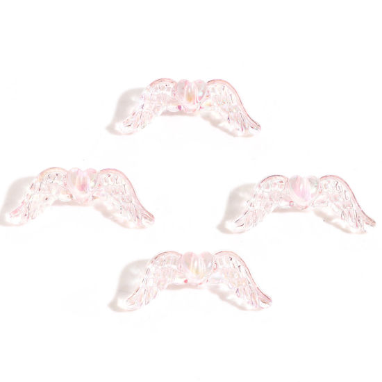 Picture of Acrylic Guardian Angel Wing Beads For DIY Jewelry Making Pink AB Rainbow Color Wing Transparent About 3.4cm x 1.4cm, Hole: Approx 2.4mm, 10 PCs