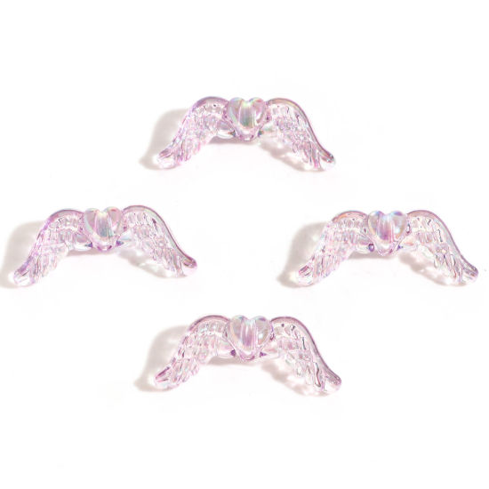 Picture of Acrylic Guardian Angel Wing Beads For DIY Jewelry Making Purple AB Rainbow Color Wing Transparent About 3.4cm x 1.4cm, Hole: Approx 2.4mm, 10 PCs