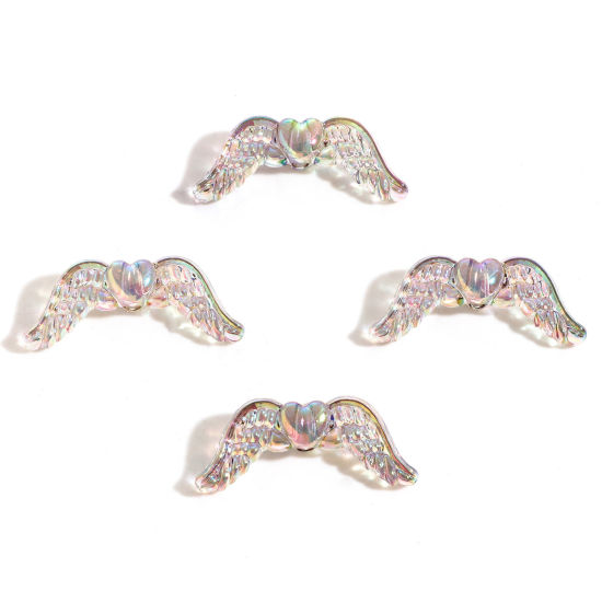 Picture of Acrylic Guardian Angel Wing Beads For DIY Jewelry Making Gray AB Rainbow Color Wing Transparent About 3.4cm x 1.4cm, Hole: Approx 2.4mm, 10 PCs