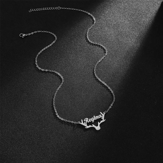 Picture of 1 Piece 304 Stainless Steel Customized Name Necklace Personalized Letter Charm Pendant Deer Horn/ Antler Silver Tone 45cm(17.7") long