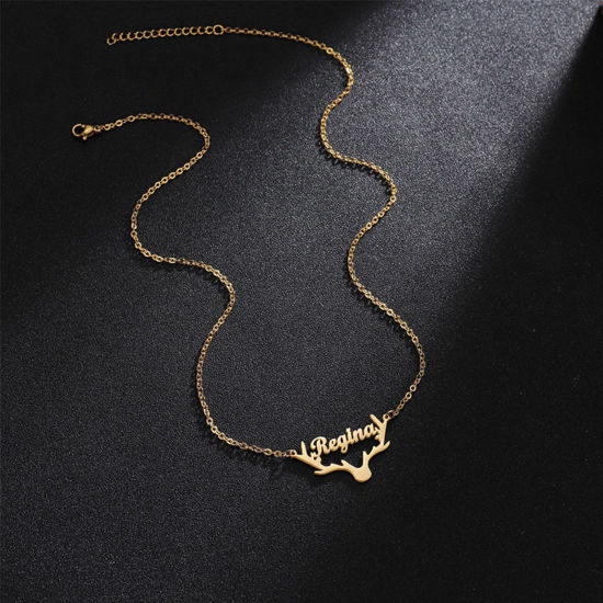 Picture of 1 Piece 304 Stainless Steel Customized Name Necklace Personalized Letter Charm Pendant Deer Horn/ Antler Gold Plated 45cm(17.7") long