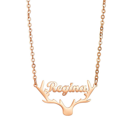Picture of 1 Piece 304 Stainless Steel Customized Name Necklace Personalized Letter Charm Pendant Deer Horn/ Antler Rose Gold 45cm(17.7") long