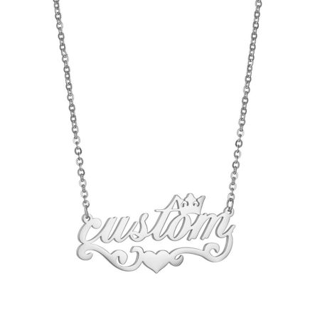 Picture of 1 Piece 304 Stainless Steel Customized Name Necklace Personalized Letter Charm Pendant Crown Heart Silver Tone 45cm(17.7") long